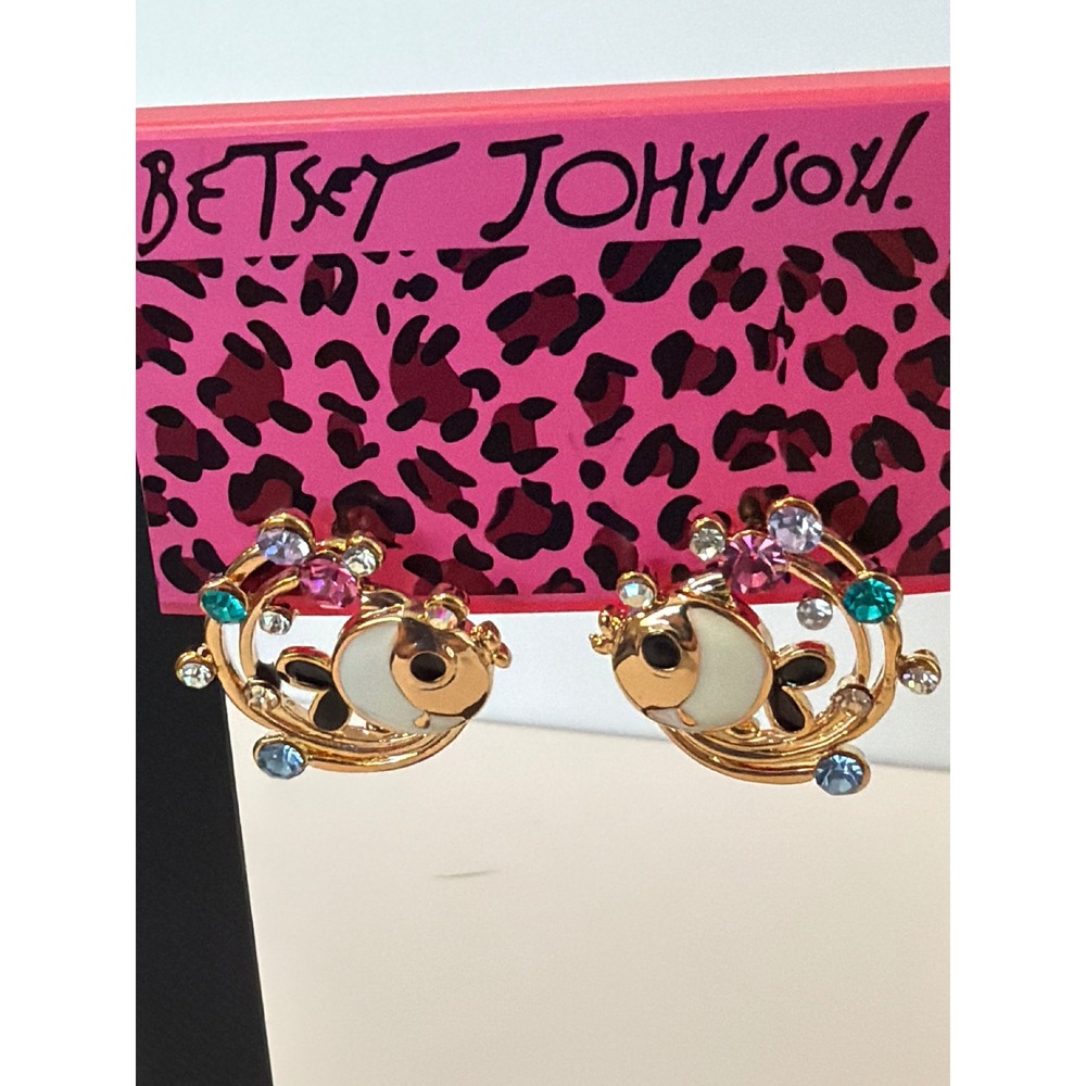 Betsey Johnson Cream Enamel Fish Stud Earrings Multicolor Rhinestone Gold Tone